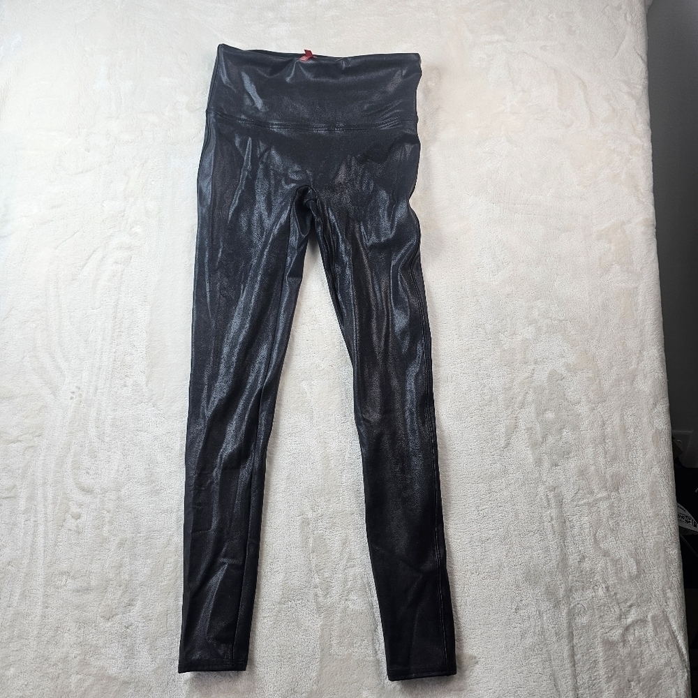 Spanx Faux Leather Leggings Women’s Medium Shiny Stretch Shimmer Black